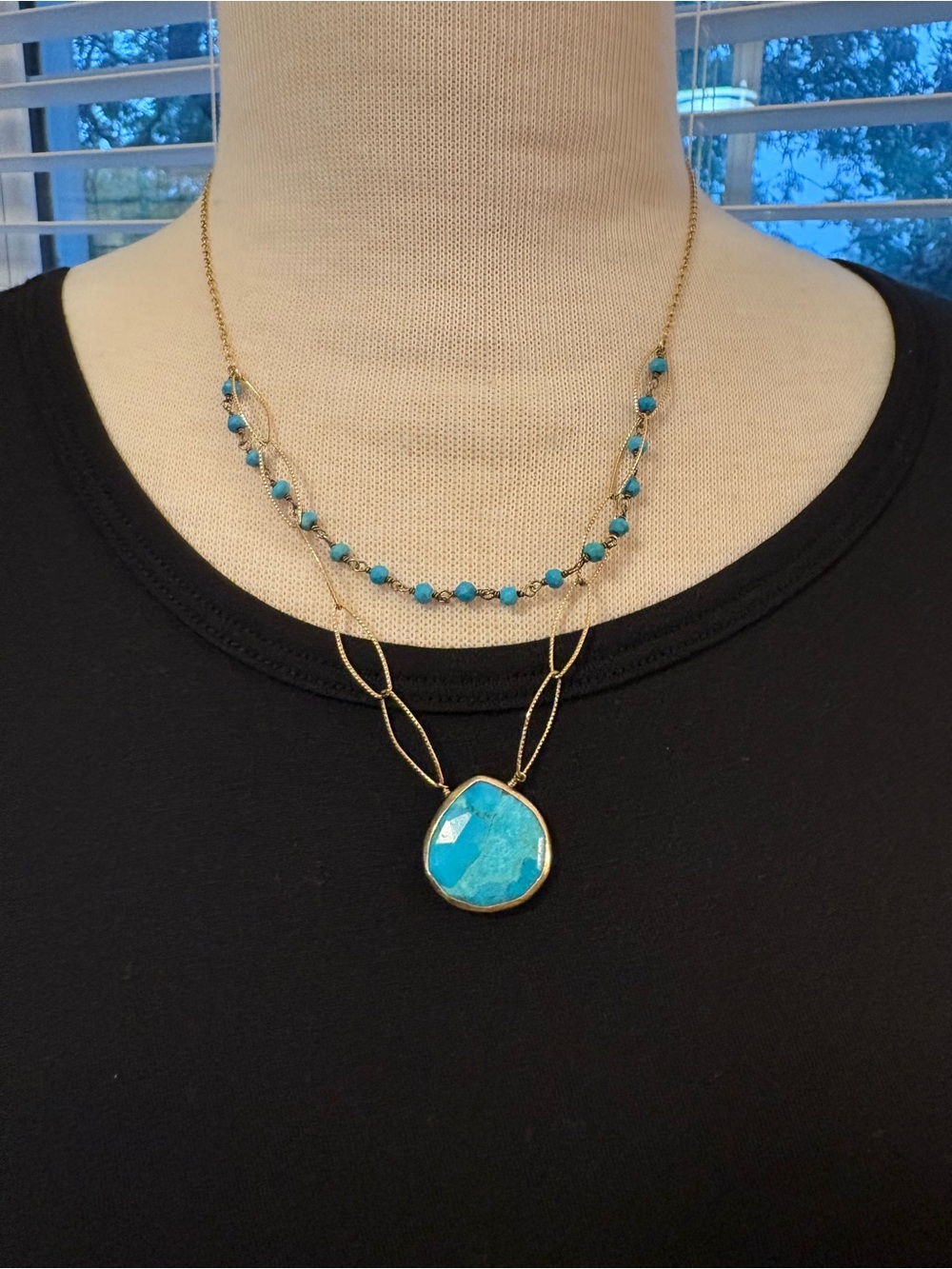 Turquoise Boho Statement Necklace, Beaded Chain with Genuine Gemstone